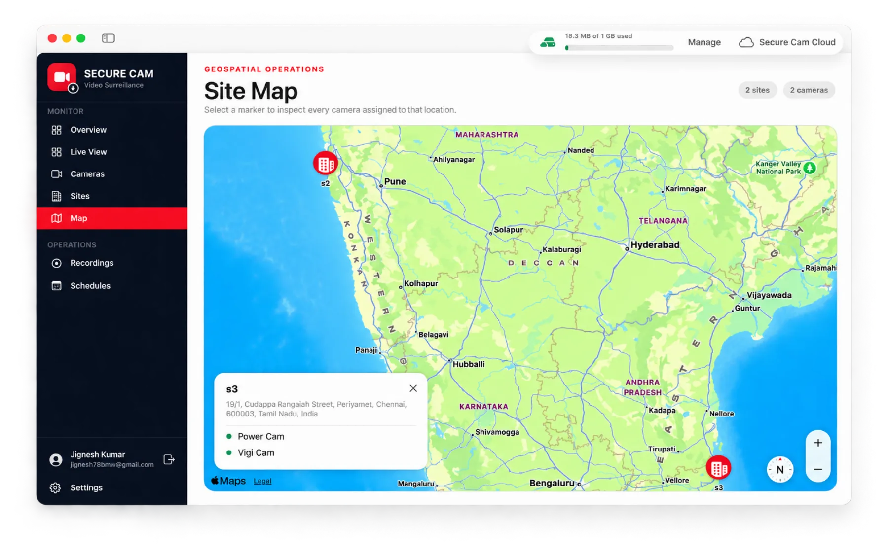 Site map with markers and a popover listing cameras at a location