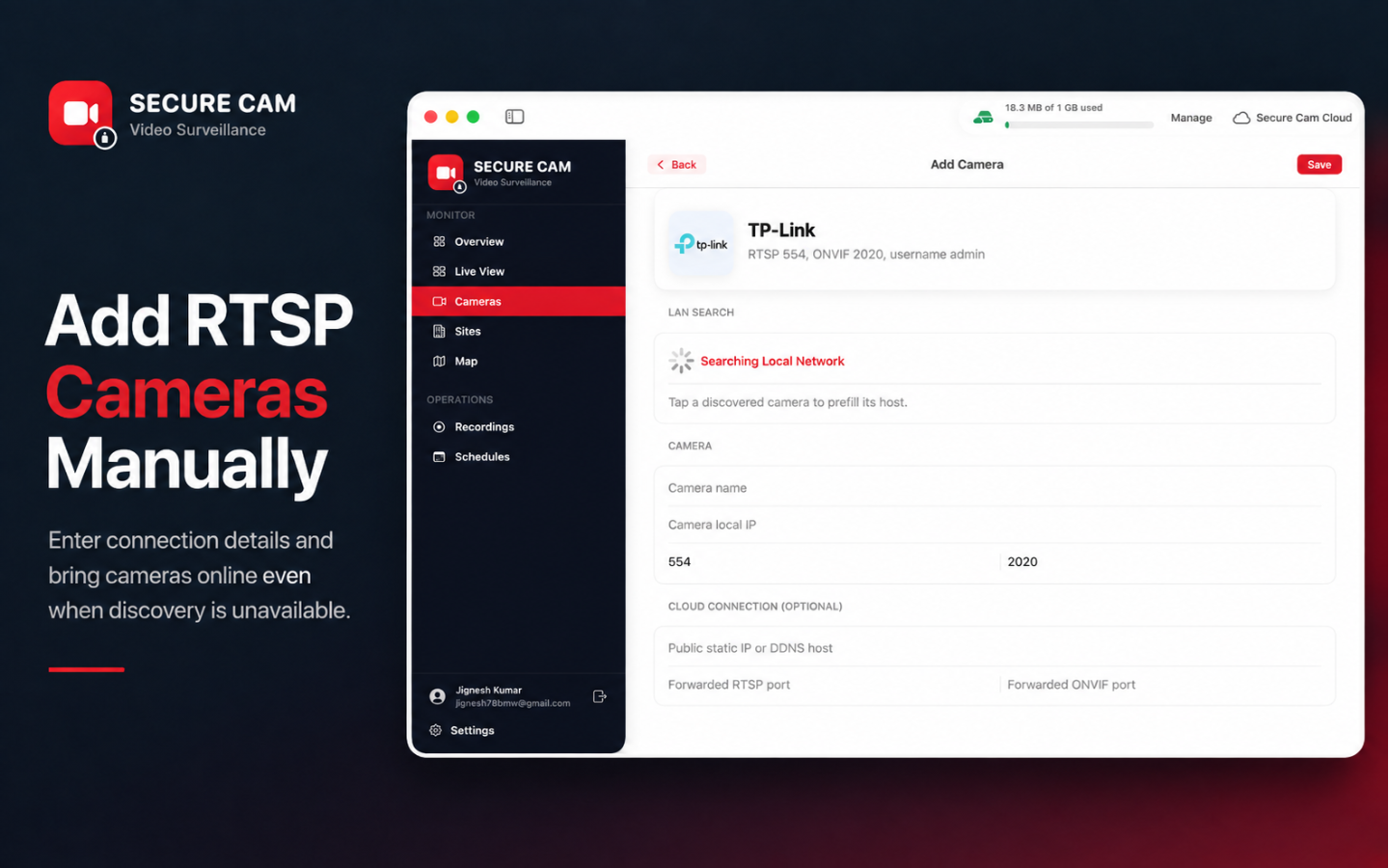 Adding an RTSP camera manually with connection and cloud fields
