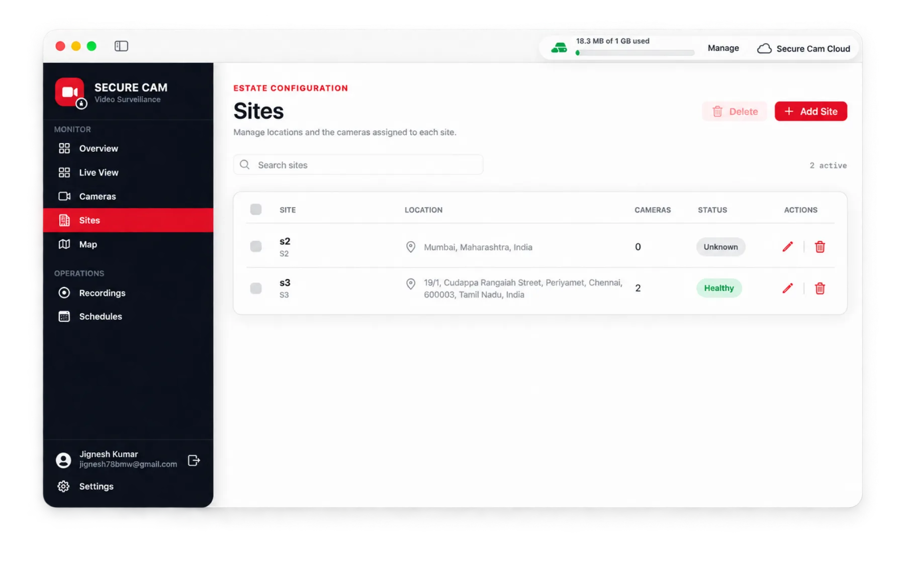 Sites screen listing monitored locations with camera counts and status