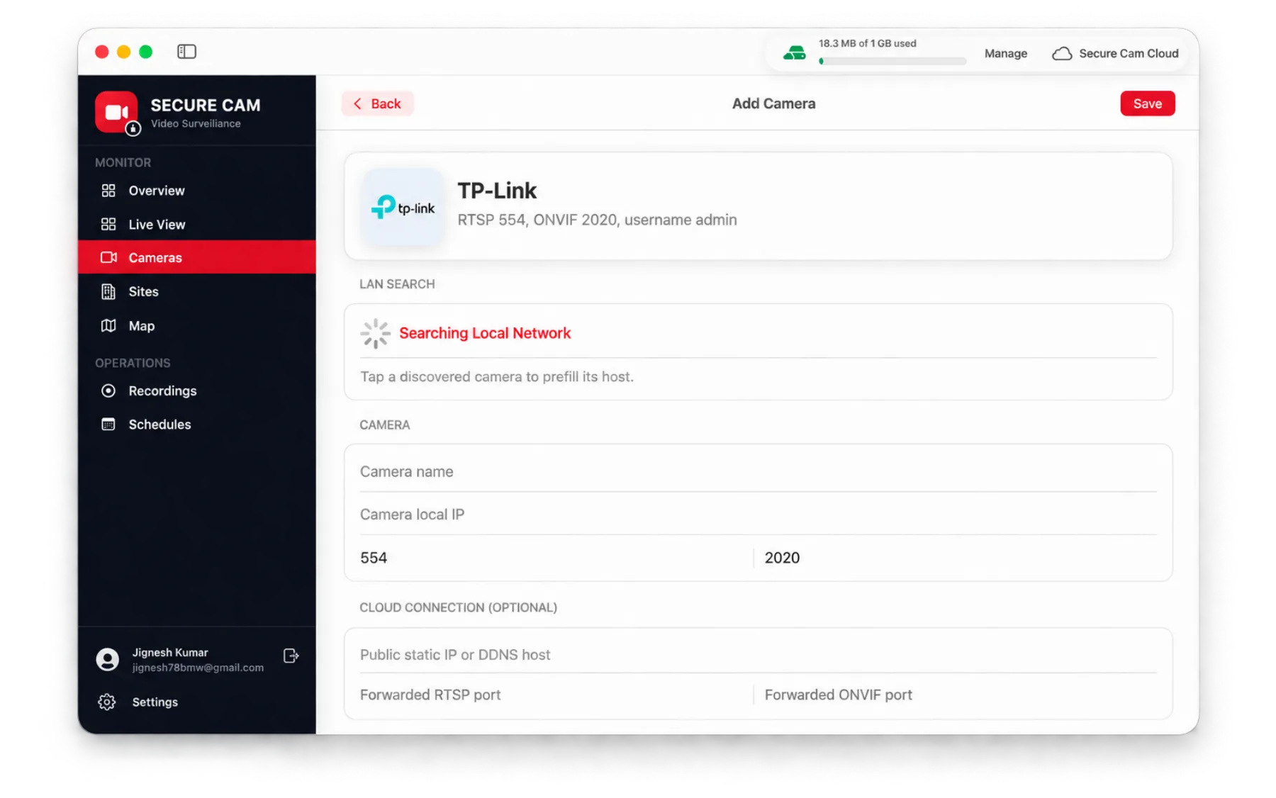 Add camera form with LAN search, RTSP and ONVIF ports, credentials and remote access fields