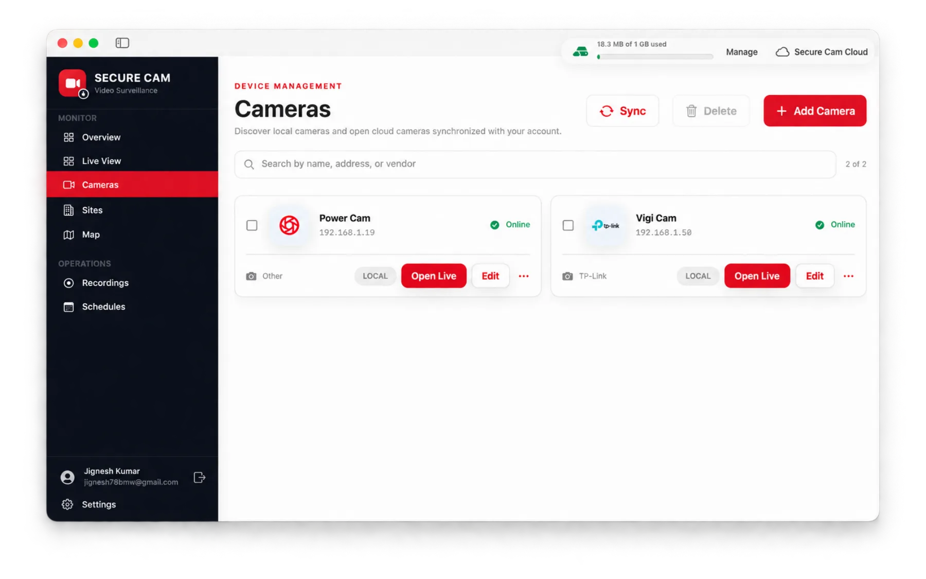 Camera list showing vendor, address and online status for each configured camera