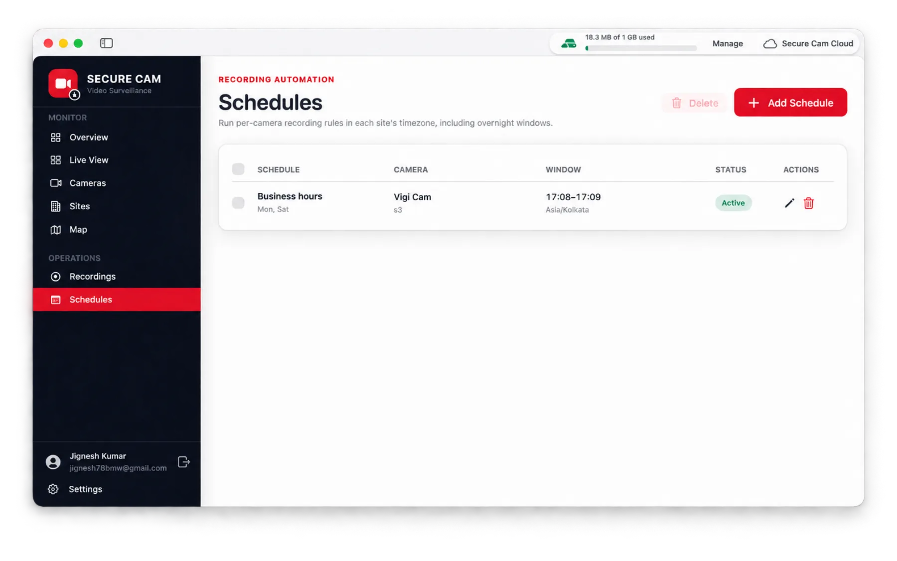 Schedules screen showing a business hours recording rule