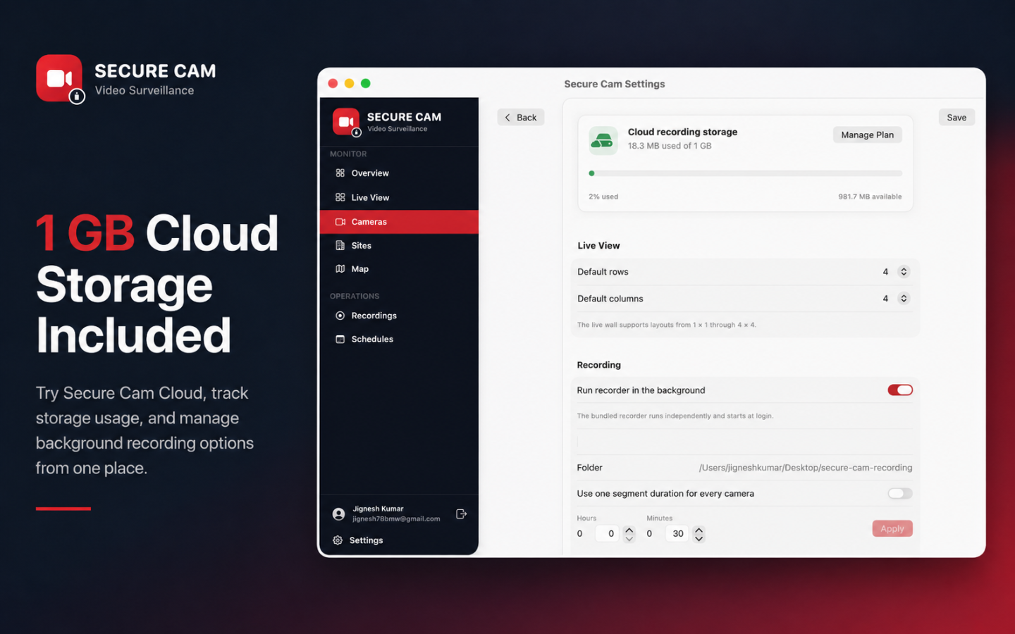 Secure Cam settings showing cloud recording storage usage and background recorder options