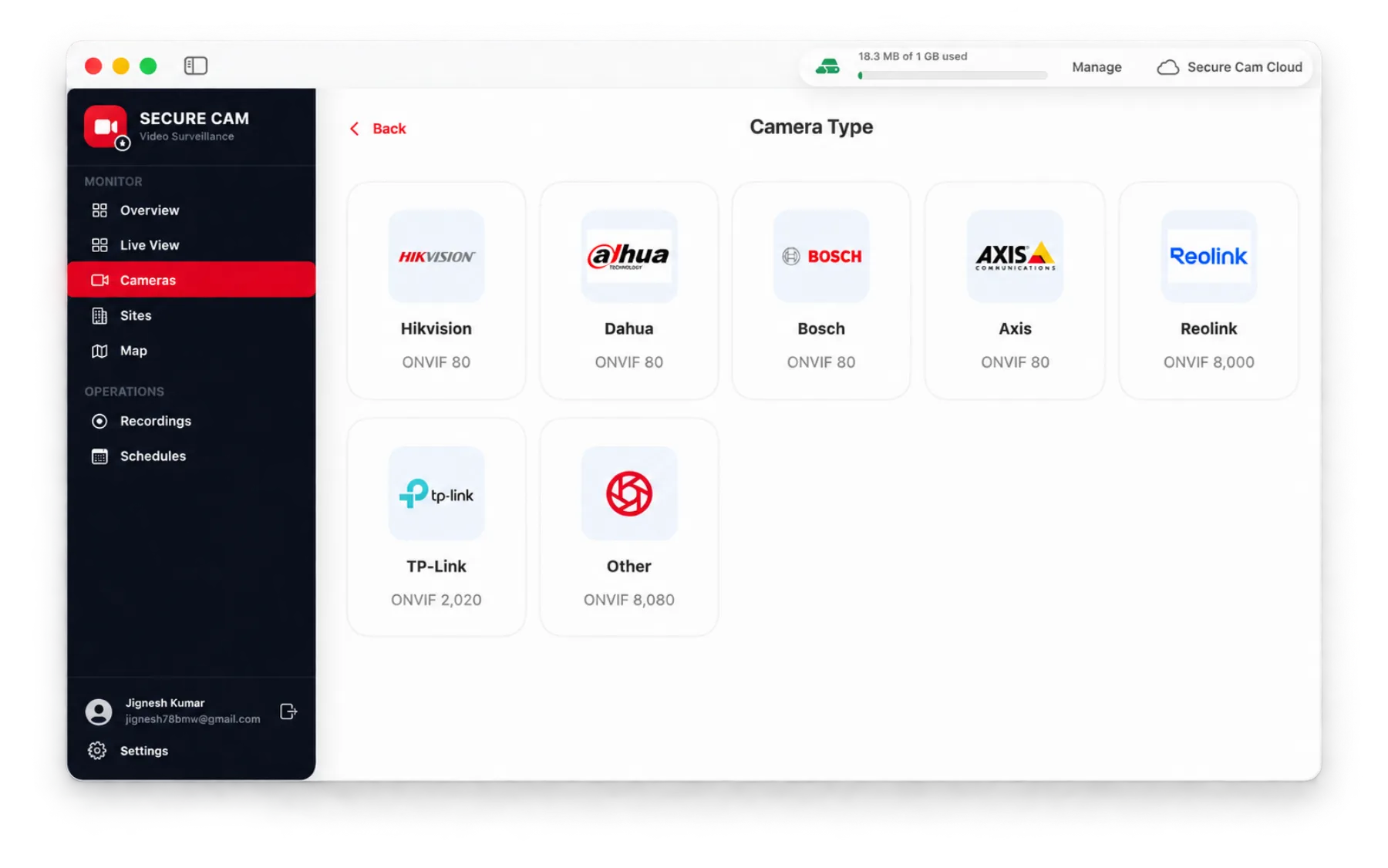 Camera type picker with TP-Link, Hikvision, Dahua, Bosch, Axis and Reolink presets
