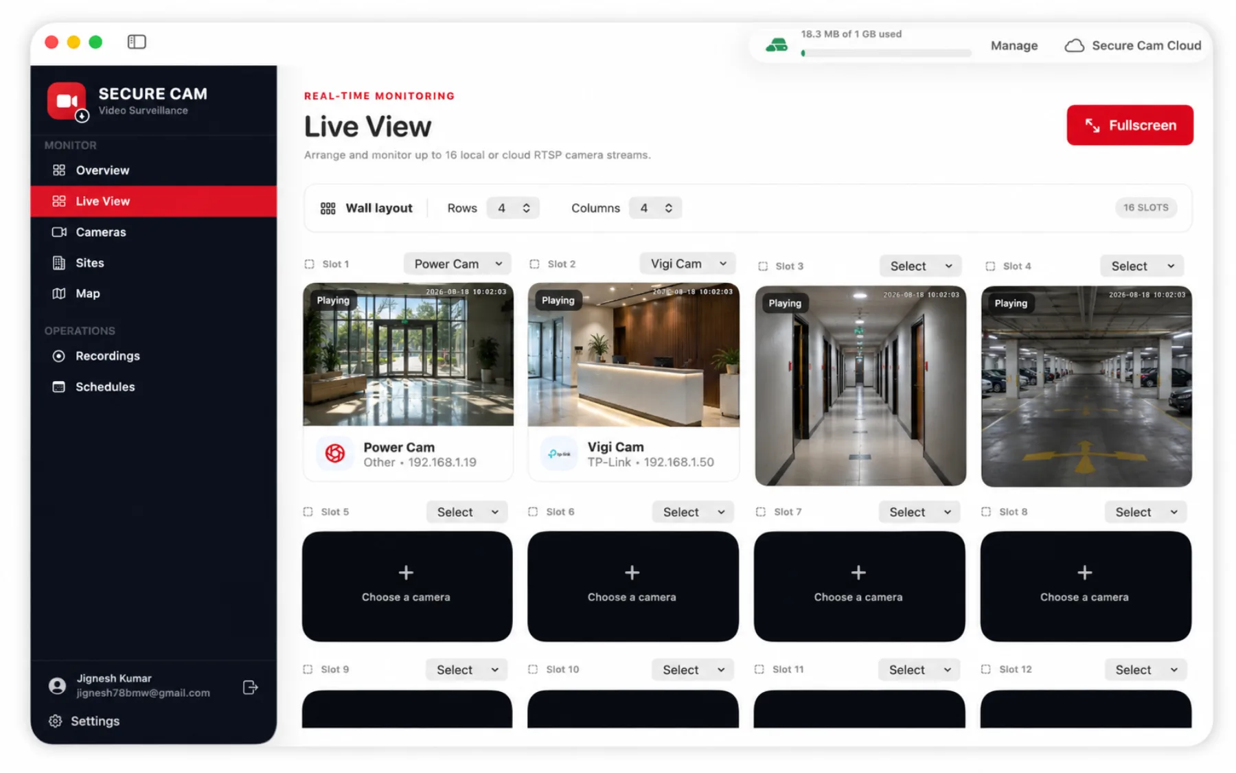 Secure Cam live wall showing multiple RTSP camera streams in a grid layout