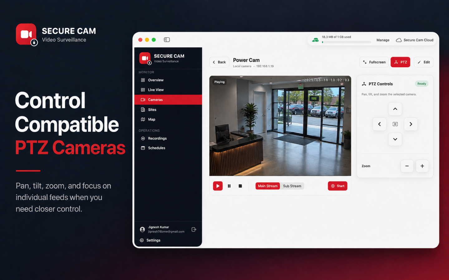 Individual camera view with PTZ controls and stream selection