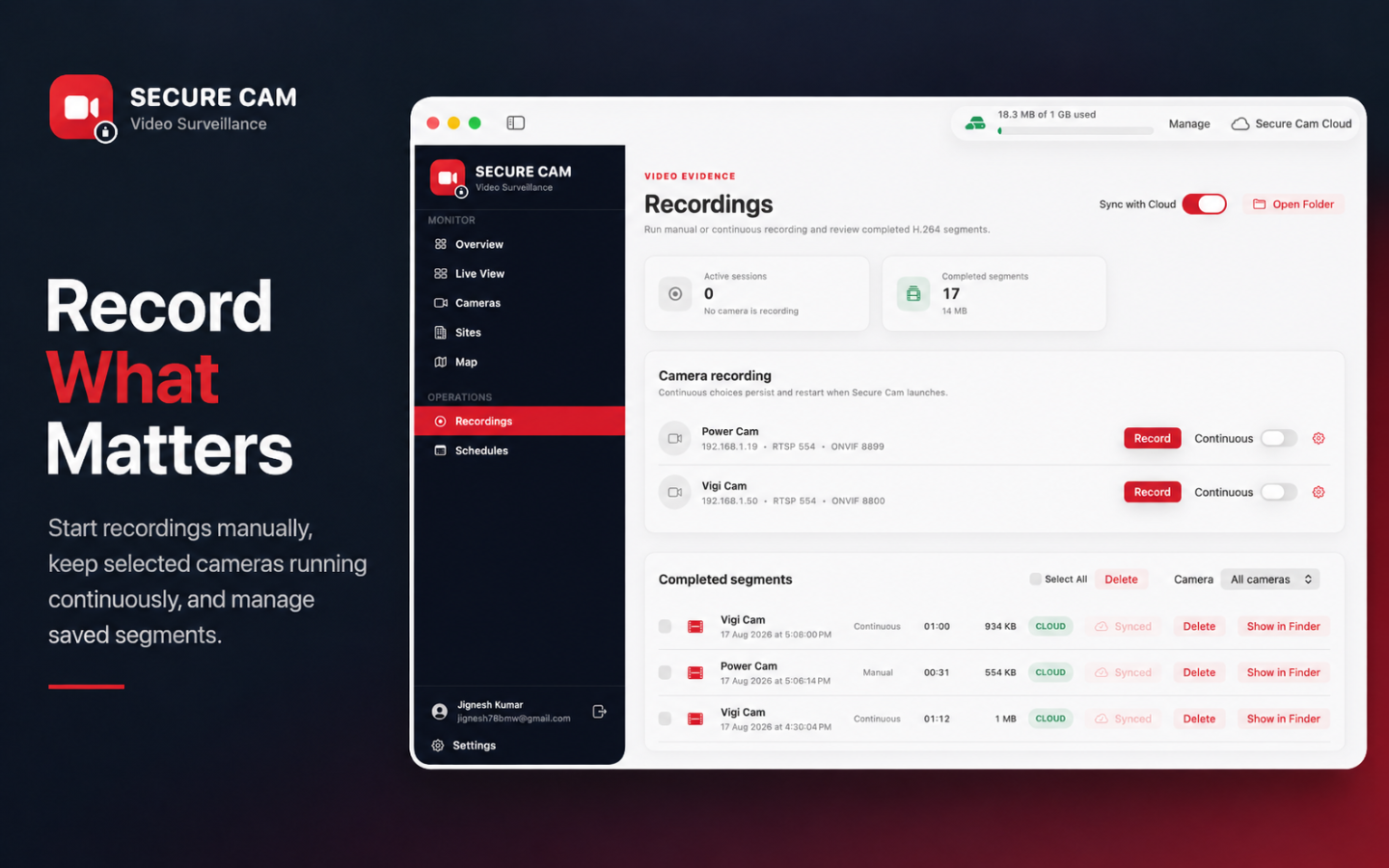 Recordings screen with continuous recording toggles and completed segments