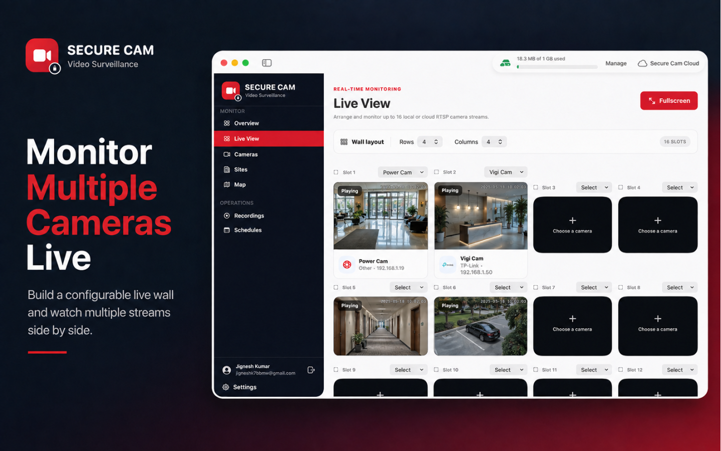Secure Cam live view with a 4 by 4 wall of camera streams