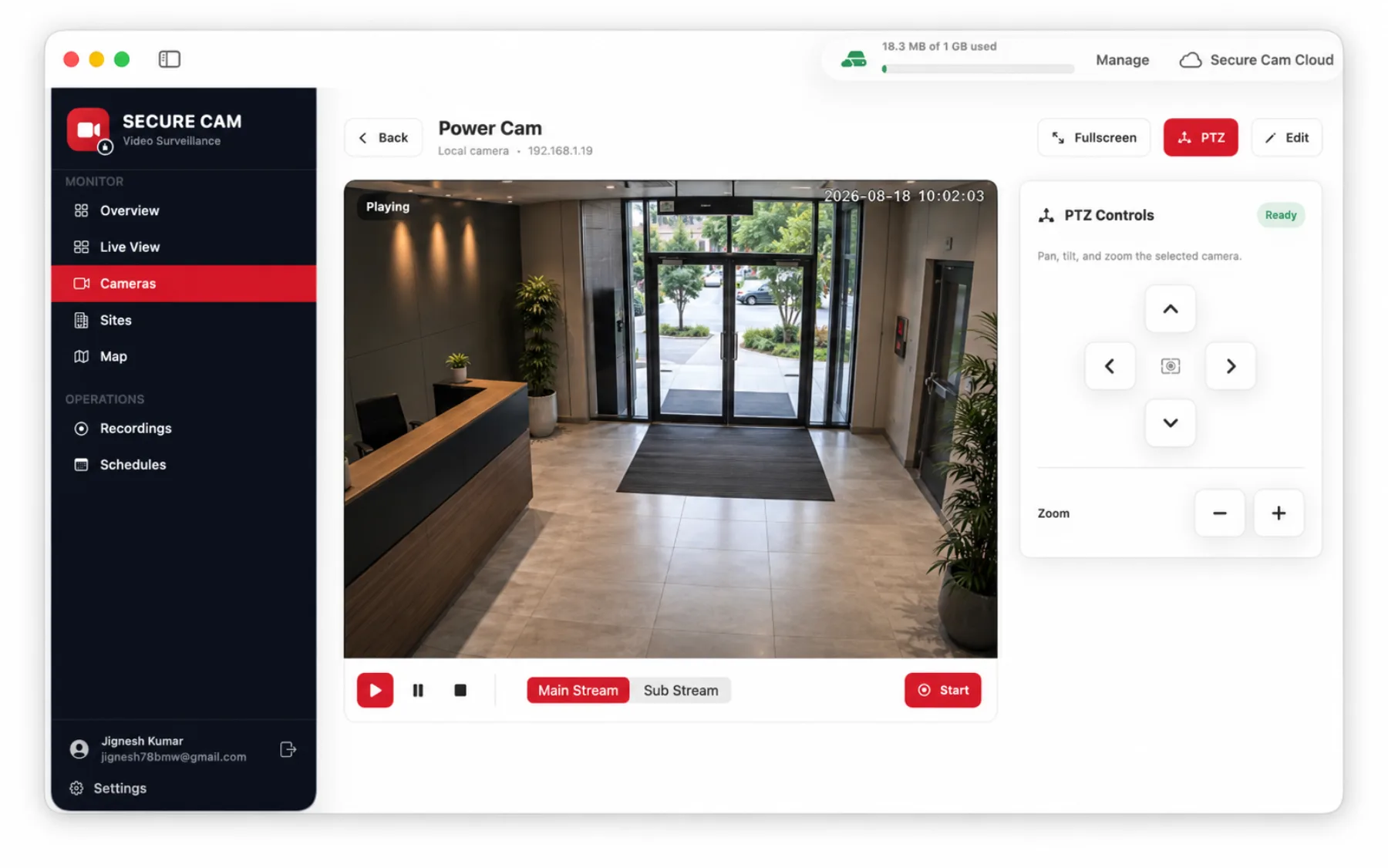 Single camera view with pan, tilt, zoom controls, stream selection and record button